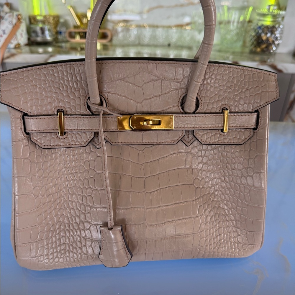 Taupe Croc-Embossed Italian Leather Top-Handle Bag